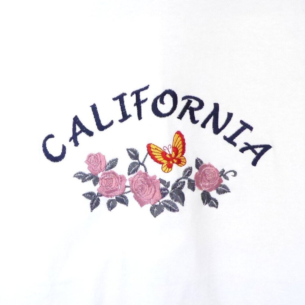 1990s Vintage California embroidered pink roses butterfly white t shirt size XXL